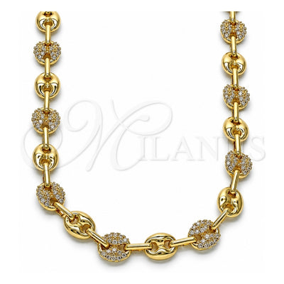 Oro Laminado Fancy Necklace, Gold Filled Style Puff Mariner Design, with White Micro Pave, Polished, Golden Finish, 04.63.1407.20 (08 MM Thickness, 20 Inches Length)