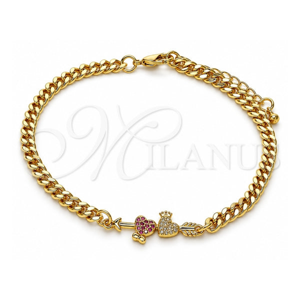 Oro Laminado Fancy Bracelet, Gold Filled Style Heart Design, with Ruby and White Micro Pave, Polished, Golden Finish, 03.368.0067.08 (04 MM Thickness, 8 Inches Length)