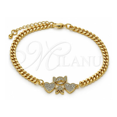 Oro Laminado Fancy Bracelet, Gold Filled Style Little Girl and Heart Design, with White Micro Pave, Polished, Golden Finish, 03.368.0070.08 (04 MM Thickness, 8 Inches Length)