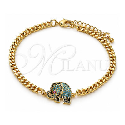 Oro Laminado Fancy Bracelet, Gold Filled Style Elephant Design, with Multicolor Micro Pave, Polished, Golden Finish, 03.368.0072.08 (04 MM Thickness, 8 Inches Length)