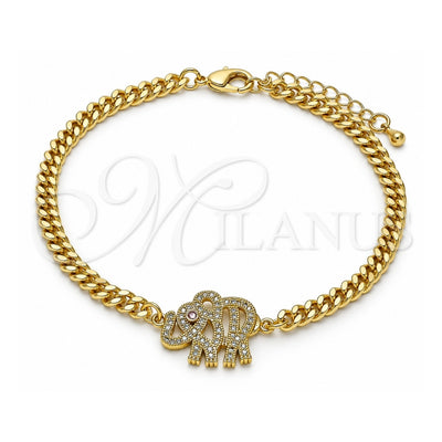 Oro Laminado Fancy Bracelet, Gold Filled Style Elephant Design, with White and Garnet Micro Pave, Polished, Golden Finish, 03.368.0073.08 (04 MM Thickness, 8 Inches Length)
