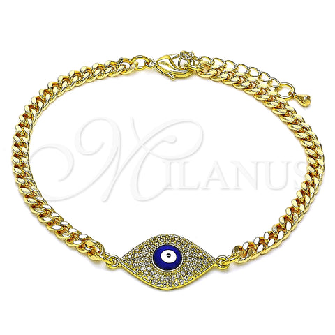 Oro Laminado Fancy Bracelet, Gold Filled Style Evil Eye Design, with White Micro Pave, Blue Enamel Finish, Golden Finish, 03.368.0075.08 (04 MM Thickness, 8 Inches Length)