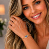 Oro Laminado Fancy Bracelet, Gold Filled Style Evil Eye Design, with White Micro Pave, Blue Enamel Finish, Golden Finish, 03.368.0076.08 (04 MM Thickness, 8 Inches Length)