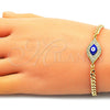 Oro Laminado Fancy Bracelet, Gold Filled Style Evil Eye Design, with White Micro Pave, Blue Enamel Finish, Golden Finish, 03.368.0076.08 (04 MM Thickness, 8 Inches Length)