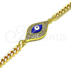 Oro Laminado Fancy Bracelet, Gold Filled Style Evil Eye Design, with White Micro Pave, Blue Enamel Finish, Golden Finish, 03.368.0076.08 (04 MM Thickness, 8 Inches Length)