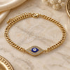 Oro Laminado Fancy Bracelet, Gold Filled Style Evil Eye Design, with White Micro Pave, Blue Enamel Finish, Golden Finish, 03.368.0076.08 (04 MM Thickness, 8 Inches Length)