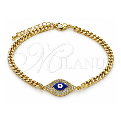 Oro Laminado Fancy Bracelet, Gold Filled Style Evil Eye Design, with White Micro Pave, Blue Enamel Finish, Golden Finish, 03.368.0076.08 (04 MM Thickness, 8 Inches Length)