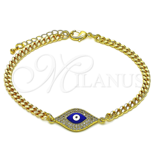 Oro Laminado Fancy Bracelet, Gold Filled Style Evil Eye Design, with White Micro Pave, Blue Enamel Finish, Golden Finish, 03.368.0076.08 (04 MM Thickness, 8 Inches Length)