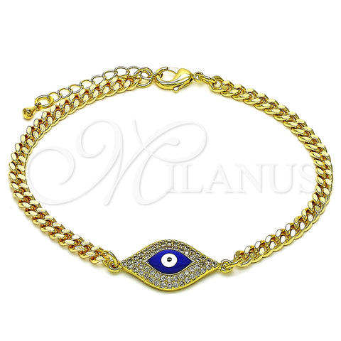 Oro Laminado Fancy Bracelet, Gold Filled Style Evil Eye Design, with White Micro Pave, Blue Enamel Finish, Golden Finish, 03.368.0076.08 (04 MM Thickness, 8 Inches Length)