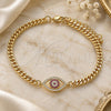 Oro Laminado Fancy Bracelet, Gold Filled Style Evil Eye Design, with Ruby and White Micro Pave, Polished, Golden Finish, 03.368.0077.1.08 (04 MM Thickness, 8 Inches Length)