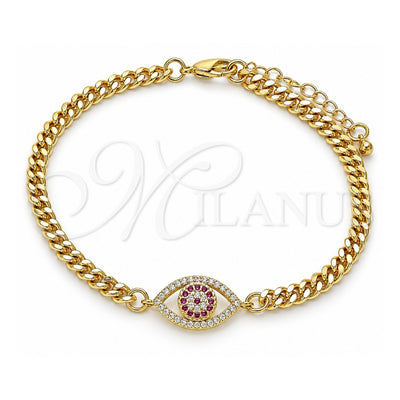 Oro Laminado Fancy Bracelet, Gold Filled Style Evil Eye Design, with Ruby and White Micro Pave, Polished, Golden Finish, 03.368.0077.1.08 (04 MM Thickness, 8 Inches Length)