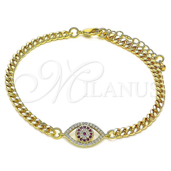 Oro Laminado Fancy Bracelet, Gold Filled Style Evil Eye Design, with Ruby and White Micro Pave, Polished, Golden Finish, 03.368.0077.1.08 (04 MM Thickness, 8 Inches Length)