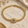 Oro Laminado Fancy Bracelet, Gold Filled Style Evil Eye Design, with Sapphire Blue and White Micro Pave, Polished, Golden Finish, 03.368.0078.08 (04 MM Thickness, 8 Inches Length)