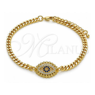Oro Laminado Fancy Bracelet, Gold Filled Style Evil Eye Design, with Sapphire Blue and White Micro Pave, Polished, Golden Finish, 03.368.0078.08 (04 MM Thickness, 8 Inches Length)