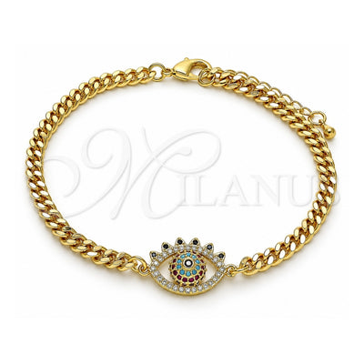 Oro Laminado Fancy Bracelet, Gold Filled Style Evil Eye Design, with Multicolor Micro Pave, Polished, Golden Finish, 03.368.0079.08 (04 MM Thickness, 8 Inches Length)