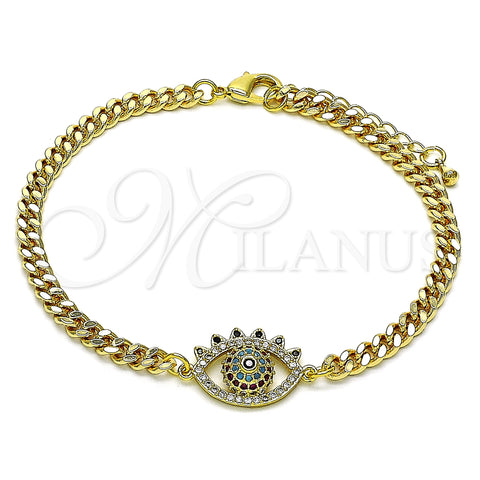 Oro Laminado Fancy Bracelet, Gold Filled Style Evil Eye Design, with Multicolor Micro Pave, Polished, Golden Finish, 03.368.0079.08 (04 MM Thickness, 8 Inches Length)