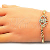 Oro Laminado Fancy Bracelet, Gold Filled Style Evil Eye Design, with Multicolor Micro Pave and Black Cubic Zirconia, Polished, Golden Finish, 03.368.0080.08 (04 MM Thickness, 8 Inches Length)