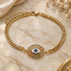 Oro Laminado Fancy Bracelet, Gold Filled Style Evil Eye Design, with Multicolor Micro Pave and Multicolor Cubic Zirconia, White Enamel Finish, Golden Finish, 03.368.0081.08 (04 MM Thickness, 8 Inches Length)
