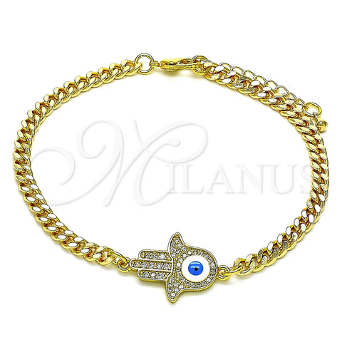 Oro Laminado Fancy Bracelet, Gold Filled Style Hand of God Design, with White Micro Pave, White Enamel Finish, Golden Finish, 03.368.0082.08 (04 MM Thickness, 8 Inches Length)