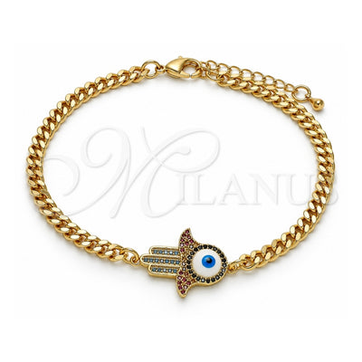 Oro Laminado Fancy Bracelet, Gold Filled Style Hand of God and Judaica Design, with Multicolor Micro Pave, White Enamel Finish, Golden Finish, 03.368.0083.08 (04 MM Thickness, 8 Inches Length)