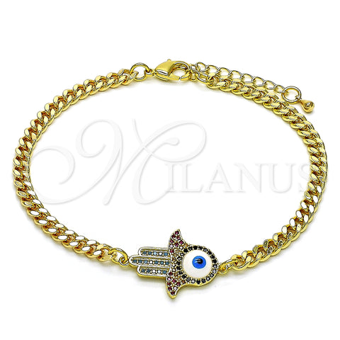 Oro Laminado Fancy Bracelet, Gold Filled Style Hand of God Design, with Multicolor Micro Pave, White Enamel Finish, Golden Finish, 03.368.0083.08 (04 MM Thickness, 8 Inches Length)
