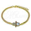 Oro Laminado Fancy Bracelet, Gold Filled Style Hand of God Design, with Multicolor Micro Pave, White Enamel Finish, Golden Finish, 03.368.0083.08 (04 MM Thickness, 8 Inches Length)