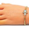 Oro Laminado Fancy Bracelet, Gold Filled Style Hand of God Design, with Multicolor Micro Pave, White Enamel Finish, Golden Finish, 03.368.0083.1.08 (04 MM Thickness, 8 Inches Length)