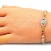 Oro Laminado Fancy Bracelet, Gold Filled Style Evil Eye Design, with White Micro Pave, White Enamel Finish, Golden Finish, 03.368.0084.08 (04 MM Thickness, 8 Inches Length)