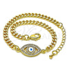 Oro Laminado Fancy Bracelet, Gold Filled Style Evil Eye Design, with White Micro Pave, White Enamel Finish, Golden Finish, 03.368.0084.08 (04 MM Thickness, 8 Inches Length)