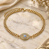 Oro Laminado Fancy Bracelet, Gold Filled Style Evil Eye Design, with White Micro Pave, White Enamel Finish, Golden Finish, 03.368.0084.08 (04 MM Thickness, 8 Inches Length)