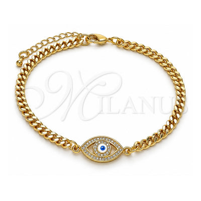 Oro Laminado Fancy Bracelet, Gold Filled Style Evil Eye Design, with White Micro Pave, White Enamel Finish, Golden Finish, 03.368.0084.08 (04 MM Thickness, 8 Inches Length)