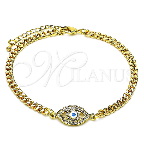 Oro Laminado Fancy Bracelet, Gold Filled Style Evil Eye Design, with White Micro Pave, White Enamel Finish, Golden Finish, 03.368.0084.08 (04 MM Thickness, 8 Inches Length)