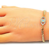 Oro Laminado Fancy Bracelet, Gold Filled Style Evil Eye Design, with Multicolor Micro Pave, White Enamel Finish, Golden Finish, 03.368.0084.1.08 (04 MM Thickness, 8 Inches Length)