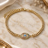 Oro Laminado Fancy Bracelet, Gold Filled Style Evil Eye Design, with Multicolor Micro Pave, White Enamel Finish, Golden Finish, 03.368.0084.1.08 (04 MM Thickness, 8 Inches Length)