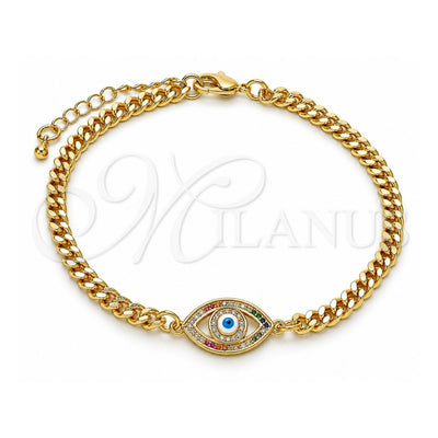 Oro Laminado Fancy Bracelet, Gold Filled Style Evil Eye Design, with Multicolor Micro Pave, White Enamel Finish, Golden Finish, 03.368.0084.1.08 (04 MM Thickness, 8 Inches Length)