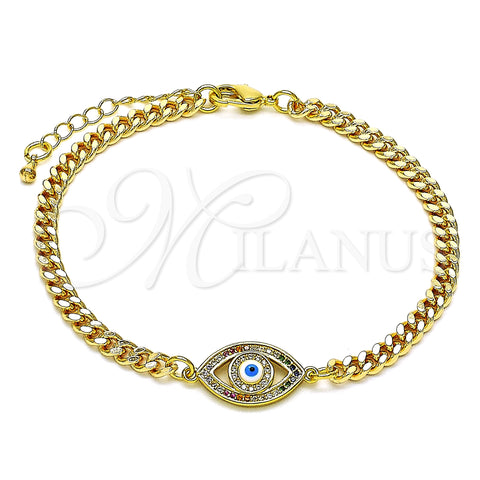 Oro Laminado Fancy Bracelet, Gold Filled Style Evil Eye Design, with Multicolor Micro Pave, White Enamel Finish, Golden Finish, 03.368.0084.1.08 (04 MM Thickness, 8 Inches Length)
