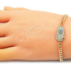 Oro Laminado Fancy Bracelet, Gold Filled Style Hand and Evil Eye Design, with Multicolor Micro Pave, Polished, Golden Finish, 03.368.0085.08 (04 MM Thickness, 8 Inches Length)