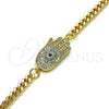Oro Laminado Fancy Bracelet, Gold Filled Style Hand and Evil Eye Design, with Multicolor Micro Pave, Polished, Golden Finish, 03.368.0085.08 (04 MM Thickness, 8 Inches Length)