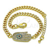 Oro Laminado Fancy Bracelet, Gold Filled Style Hand and Evil Eye Design, with Multicolor Micro Pave, Polished, Golden Finish, 03.368.0085.08 (04 MM Thickness, 8 Inches Length)