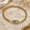 Oro Laminado Fancy Bracelet, Gold Filled Style Hand and Evil Eye Design, with Multicolor Micro Pave, Polished, Golden Finish, 03.368.0085.08 (04 MM Thickness, 8 Inches Length)