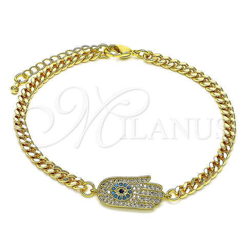 Oro Laminado Fancy Bracelet, Gold Filled Style Hand and Evil Eye Design, with Multicolor Micro Pave, Polished, Golden Finish, 03.368.0085.08 (04 MM Thickness, 8 Inches Length)