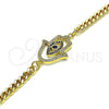 Oro Laminado Fancy Bracelet, Gold Filled Style Hand of God Design, with Sapphire Blue Cubic Zirconia and White Micro Pave, Polished, Golden Finish, 03.368.0086.08 (04 MM Thickness, 8 Inches Length)