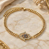 Oro Laminado Fancy Bracelet, Gold Filled Style Judaica and Hand of God Design, with Sapphire Blue Cubic Zirconia and White Micro Pave, Polished, Golden Finish, 03.368.0086.08 (04 MM Thickness, 8 Inches Length)