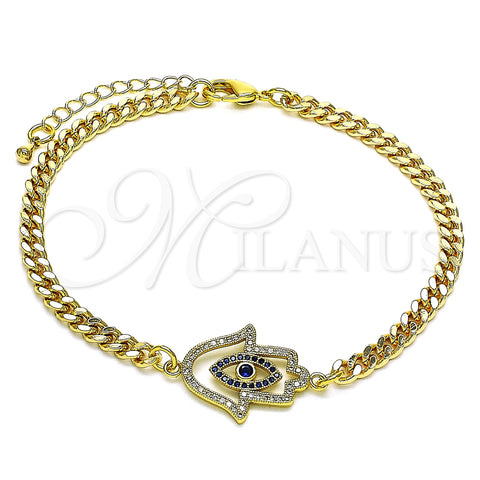 Oro Laminado Fancy Bracelet, Gold Filled Style Hand of God Design, with Sapphire Blue Cubic Zirconia and White Micro Pave, Polished, Golden Finish, 03.368.0086.08 (04 MM Thickness, 8 Inches Length)