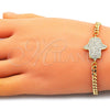 Oro Laminado Fancy Bracelet, Gold Filled Style Hand of God Design, with White Micro Pave, Polished, Golden Finish, 03.368.0089.08 (04 MM Thickness, 8 Inches Length)