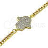 Oro Laminado Fancy Bracelet, Gold Filled Style Hand of God and Judaica Design, with White Micro Pave, Polished, Golden Finish, 03.368.0089.08 (04 MM Thickness, 8 Inches Length)