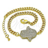 Oro Laminado Fancy Bracelet, Gold Filled Style Hand of God and Judaica Design, with White Micro Pave, Polished, Golden Finish, 03.368.0089.08 (04 MM Thickness, 8 Inches Length)