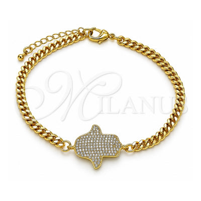 Oro Laminado Fancy Bracelet, Gold Filled Style Hand of God and Judaica Design, with White Micro Pave, Polished, Golden Finish, 03.368.0089.08 (04 MM Thickness, 8 Inches Length)