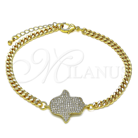 Oro Laminado Fancy Bracelet, Gold Filled Style Hand of God Design, with White Micro Pave, Polished, Golden Finish, 03.368.0089.08 (04 MM Thickness, 8 Inches Length)