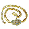 Oro Laminado Fancy Bracelet, Gold Filled Style Hand of God Design, with Multicolor Micro Pave, Polished, Golden Finish, 03.368.0090.08 (04 MM Thickness, 8 Inches Length)